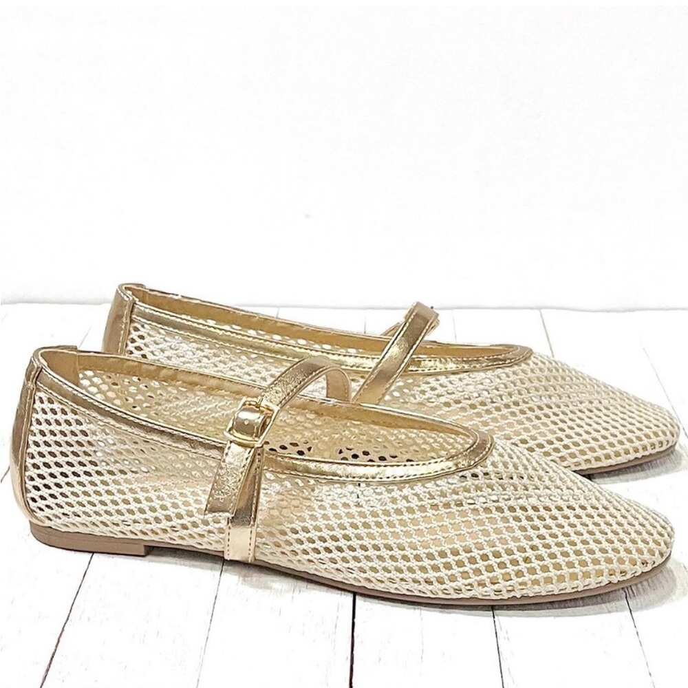 Womens Gold Mesh Fishnet Mary Jane Ballet Flats